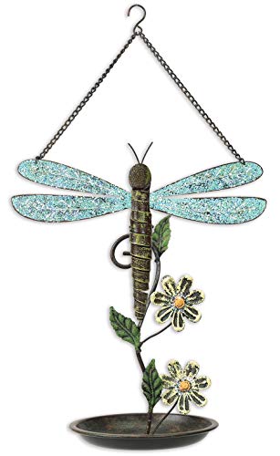 Dragonfly Hanging Bowl Style Bird Feeder Accented with Daisies, 13-Inch by Sunset Vista Designs