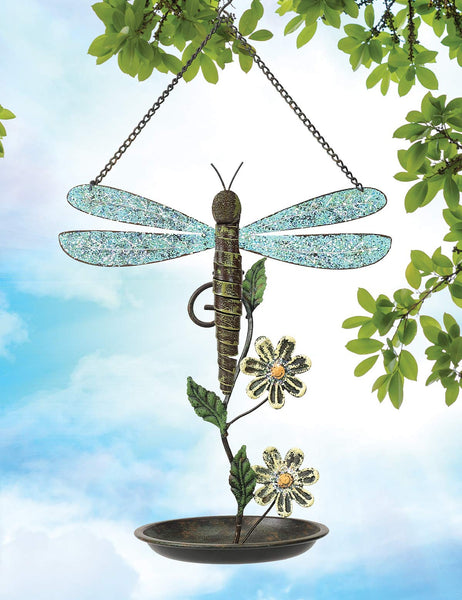 Dragonfly Hanging Bowl Style Bird Feeder Accented with Daisies, 13-Inch by Sunset Vista Designs